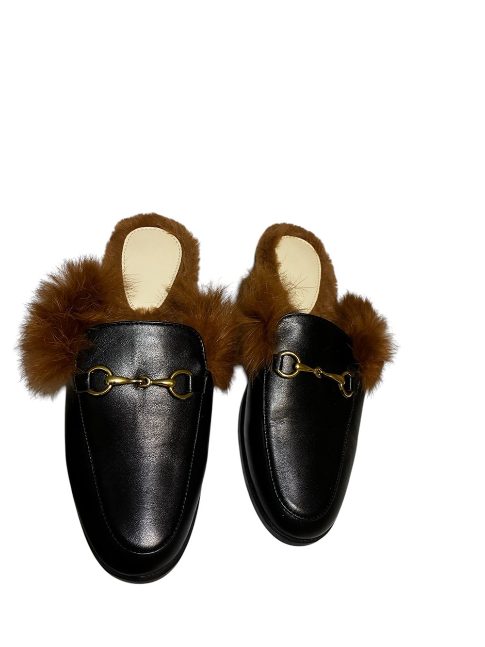 Black Leather Fur-Trim Mule with Gold Horsebit - Picture 4 of 4